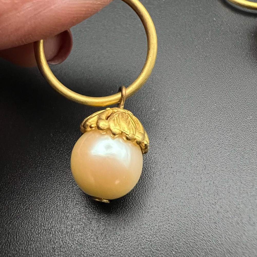 Gold Tone Hoop Earrings with Drop Faux Pearls - Picture 3 of 4
